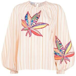 Mira Mikati Womens Pink Striped Embroidered Puff Sleeve Blouse Top EU 38 US 4-6